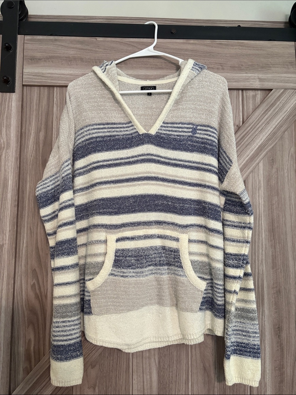 Lira Striped V-Neck Hooded Sweater in Cream, Navy & Grey. Soft, relaxed fit.